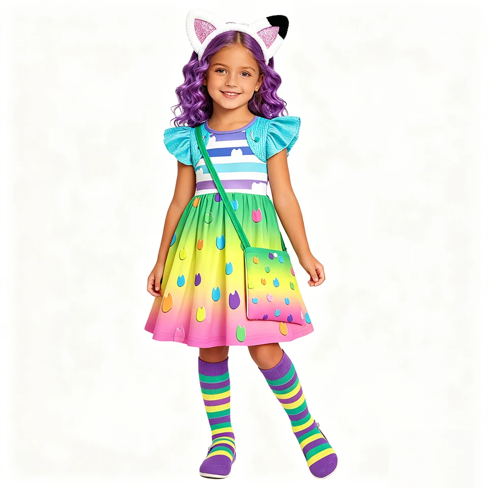 Rainbow Striped Gabby Cat Cartoon Kids Clothes Halloween Cosplay Birthday Party Girls Dress Carnival Christmas Children Costume