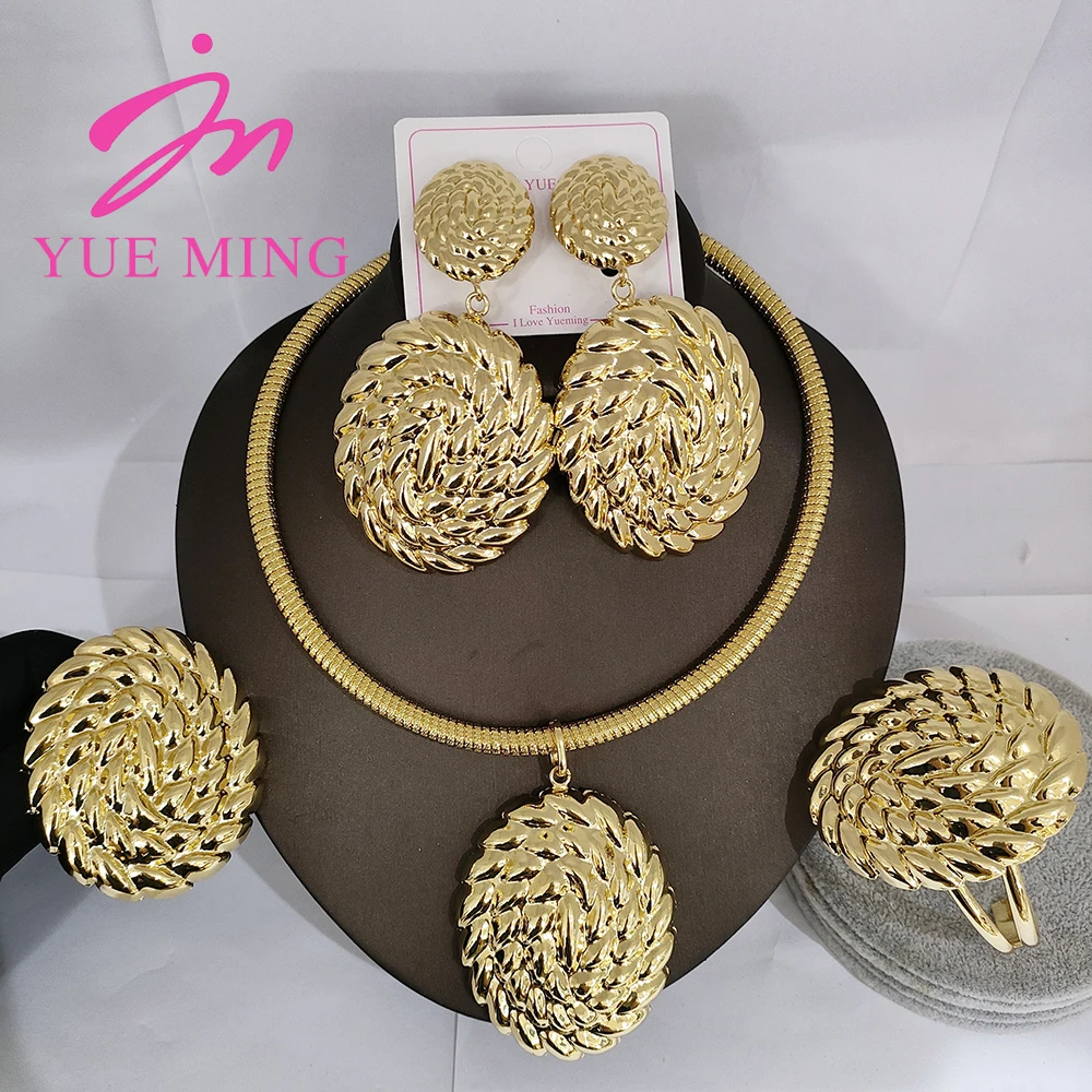 

Women Jewelry Sets Necklace Earrings Gold Plated Round Collar Pendant Nigeria Wedding Festival Gift Classic Style Bangles Ring