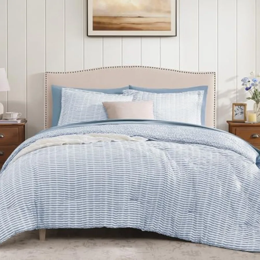 

Comforter Set - 7 Pieces Blue Bedding Sets for All Seasons Lightweight Soft Bed in a Bag with Revesible Farmhouse Comforter She