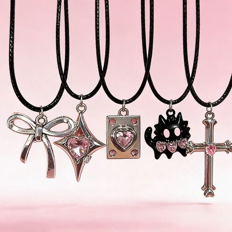 5Pcs Y2K Necklace set, black wax rope, pink heart-shaped imitation crystal bow, cat cross pendant, sweet and cool necklace