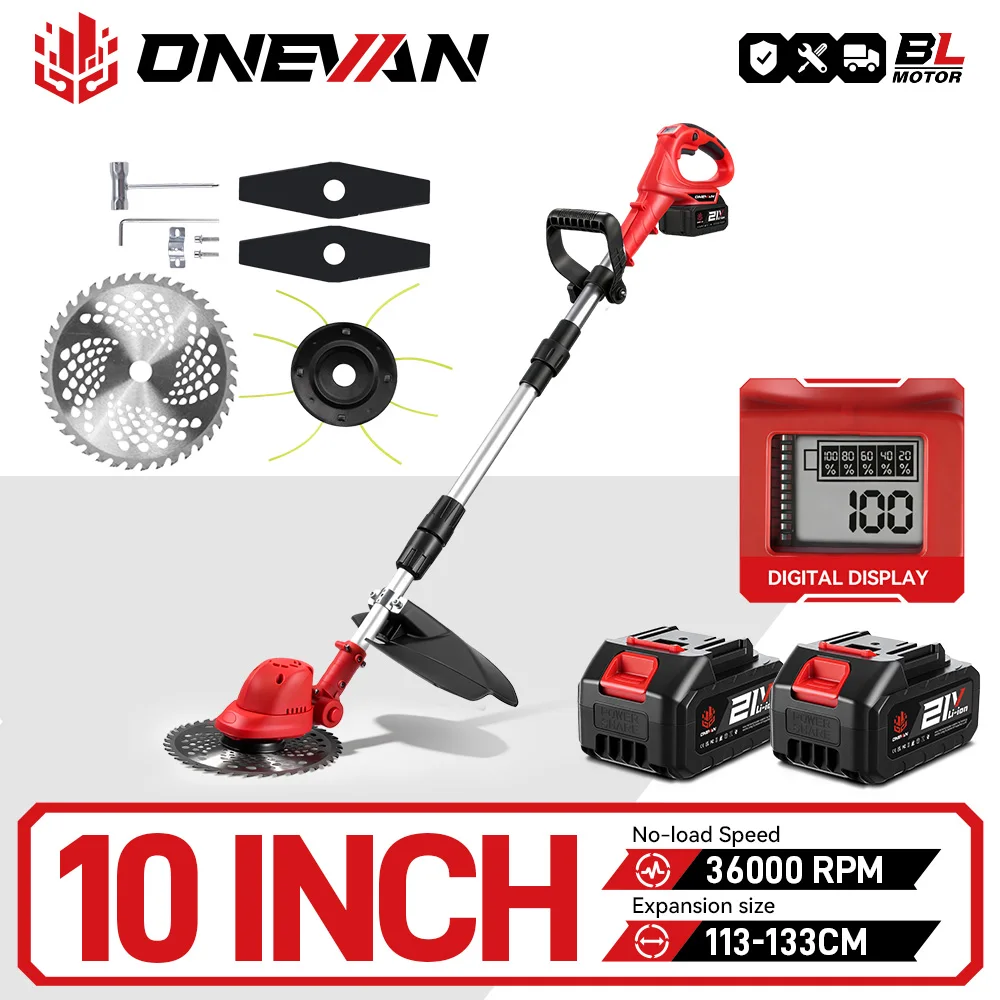 ONEVAN 10-Zoll 4000W Bürstenloser Elektrischer Rasenmäher 36000 U/min Grasschneider Verstellbare Gartenwerkzeuge für Makita 18V Akku