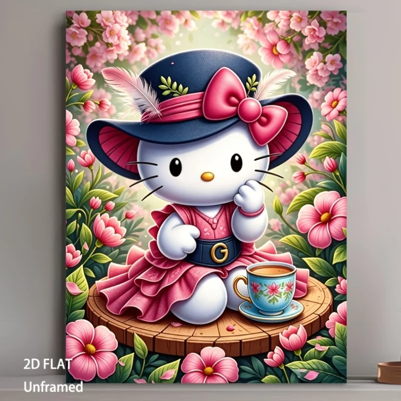 (No frame)2D Flat, 2D Flat, Posters And Prints 1pc, Theme - Hello Kitty Garden Afternoon Tea Elegant Retro Poster, 32 X 42Cm