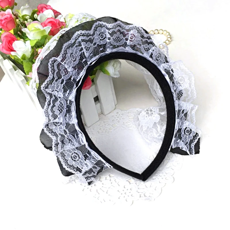 Dolce Lolita cameriera fascia in pizzo donna ragazze volant pizzo fiore ricamo fascia per capelli copricapo Cosplay accessorio per capelli Anime