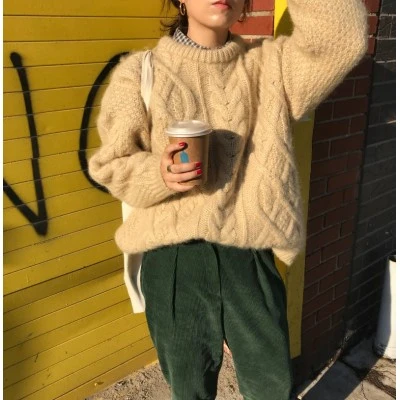 

Women's Knitted Sweater Coat Thiened Loose Retro Twist Camere round Ne Pullover Autumn Winter Outerwear Comfortable Top