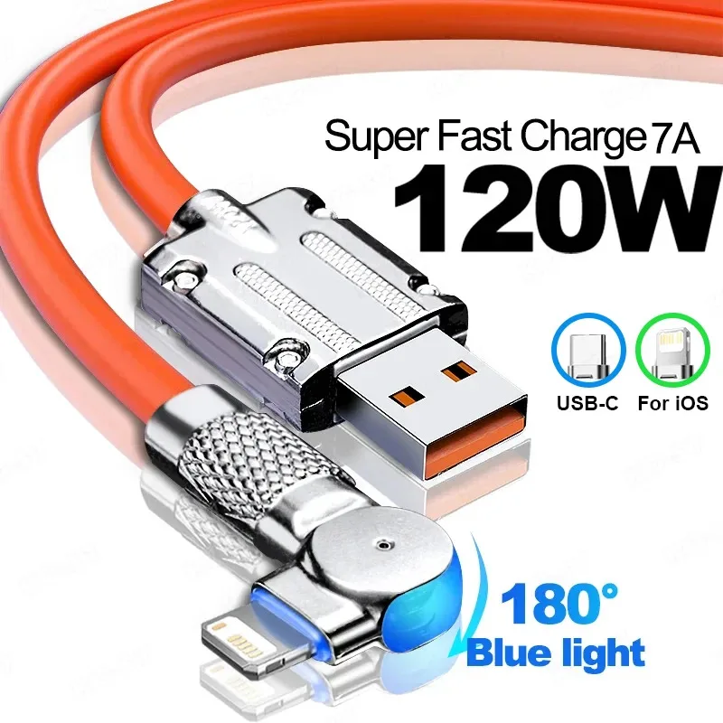 

120W 6A Silicone Cable USB C Charger Cable For iPhone 14 13 12 11 Pro Max Mini 180 Rotating Ultra Fast Charging Type C Wire Cord