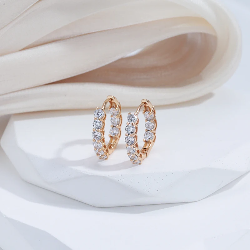 SYOUJYO Shiny Natural Zircon Full Paved Hoop Earrings For Women Fine Wedding Jewelry One Touch 585 Rose Gold Color Drop Earrings