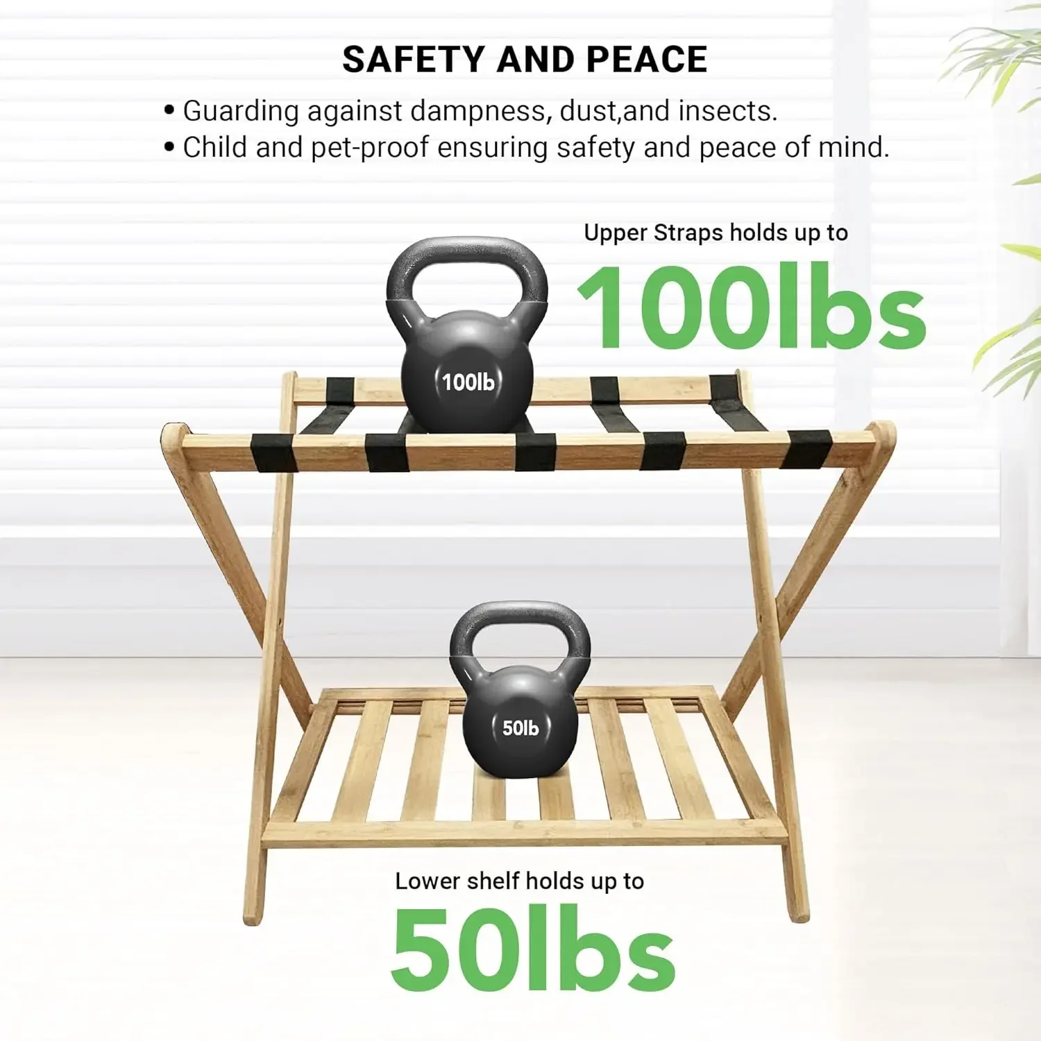 Luggage Rack for Guest Room, Bedroom, Hotel - Natural Bamboo Suitcase Stand, Foldable with 2 Layers, up to 150 lbs - Fully Assem