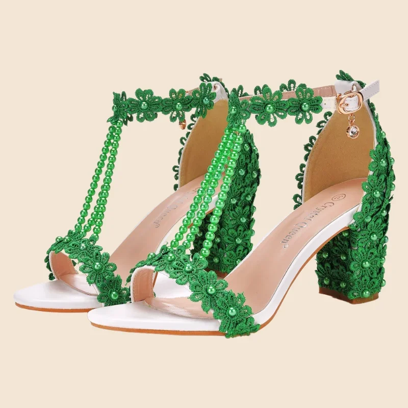 Shallow Mouth White Lace Bride Wedding Shoes Comfortable Plus Size Thick Heel Sandal Open Toe Beaded Square Heel Available Elf