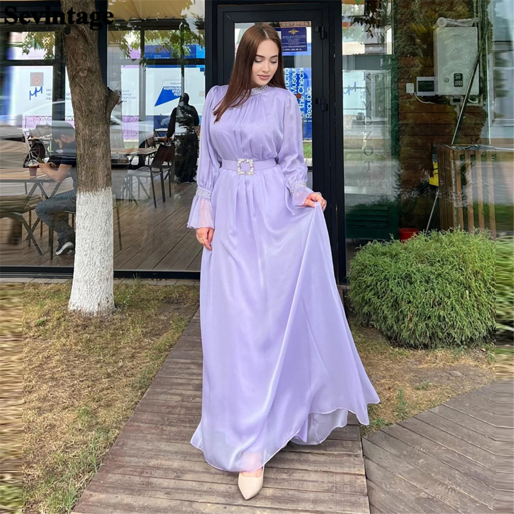 

Sevintage Modest Lavender Organza Evening Dresses O-Neck Long Sleeves Ruffles Women Prom Dresses Belt Ankle Length Party Growns