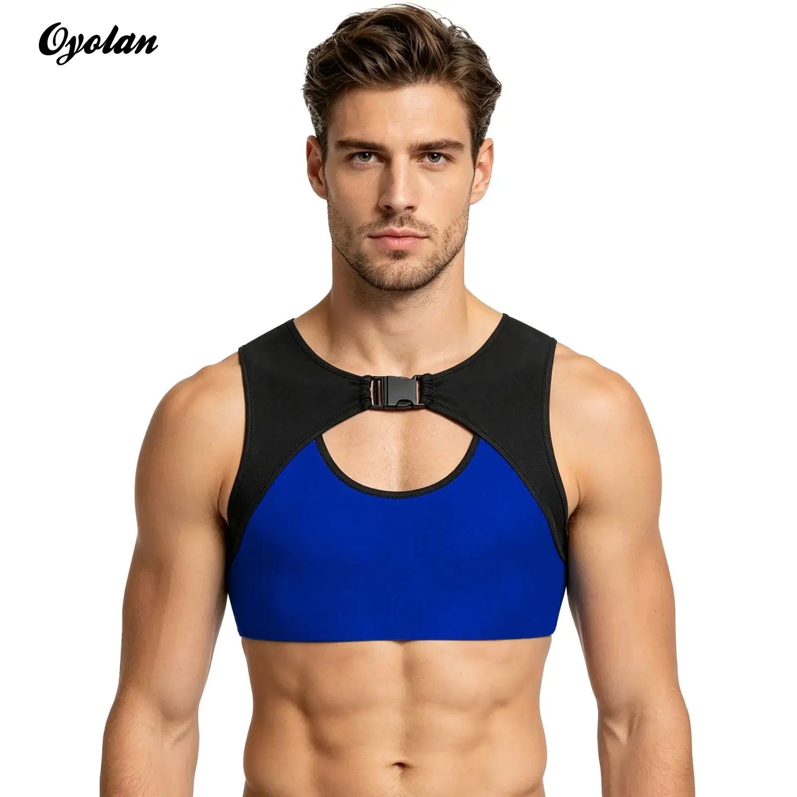 Mens Workout Wrestling Crop Top Sleeveless Color Blocking Running Tank Top Mesh Patchwork Front Hollow Out with Buckle Vest