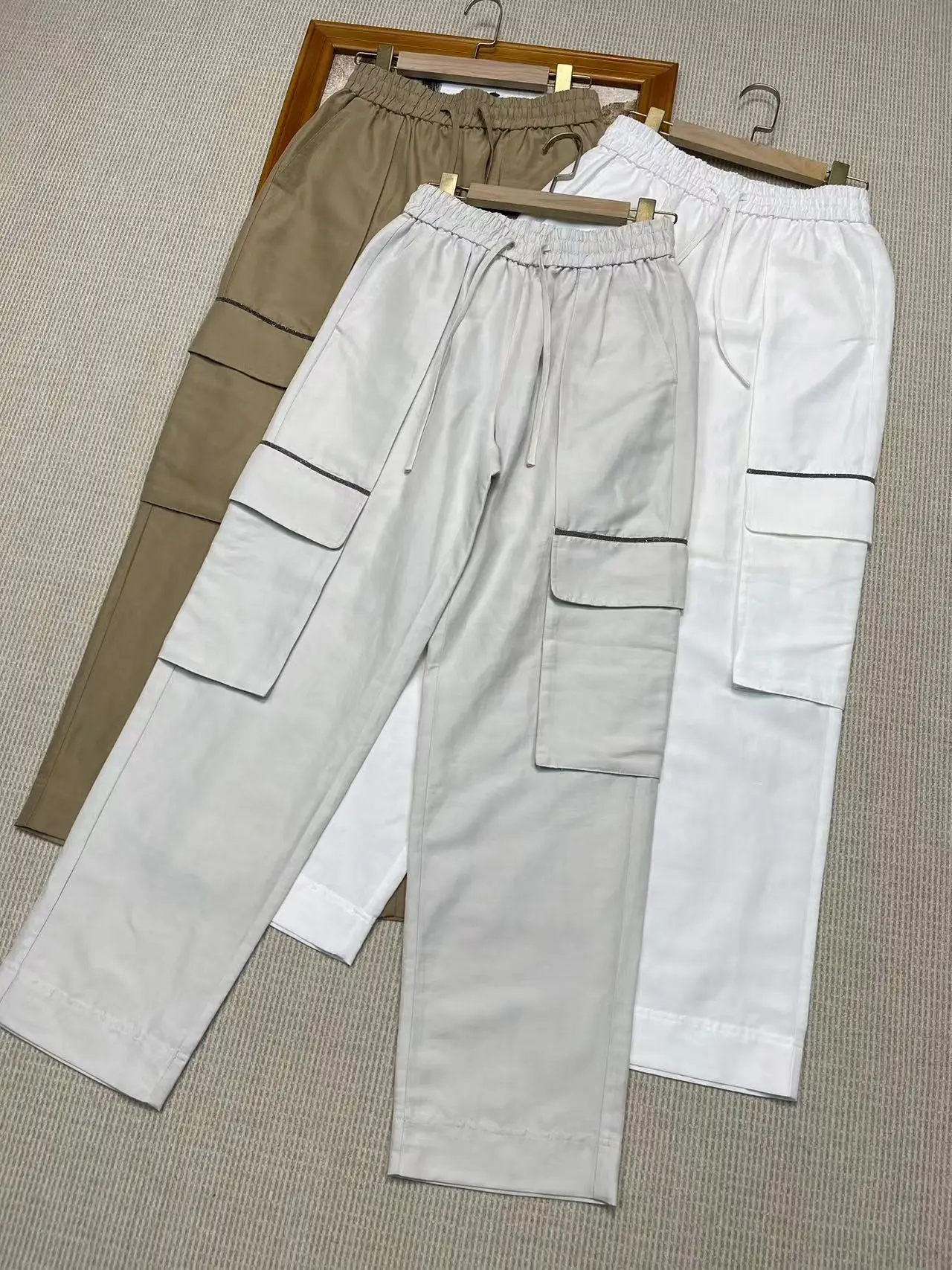 Women's Double Pocket Casual Trousers, Beaded Chain, Cotton and Linen, Straight Pants, Simple Fashion, High-End, 2024