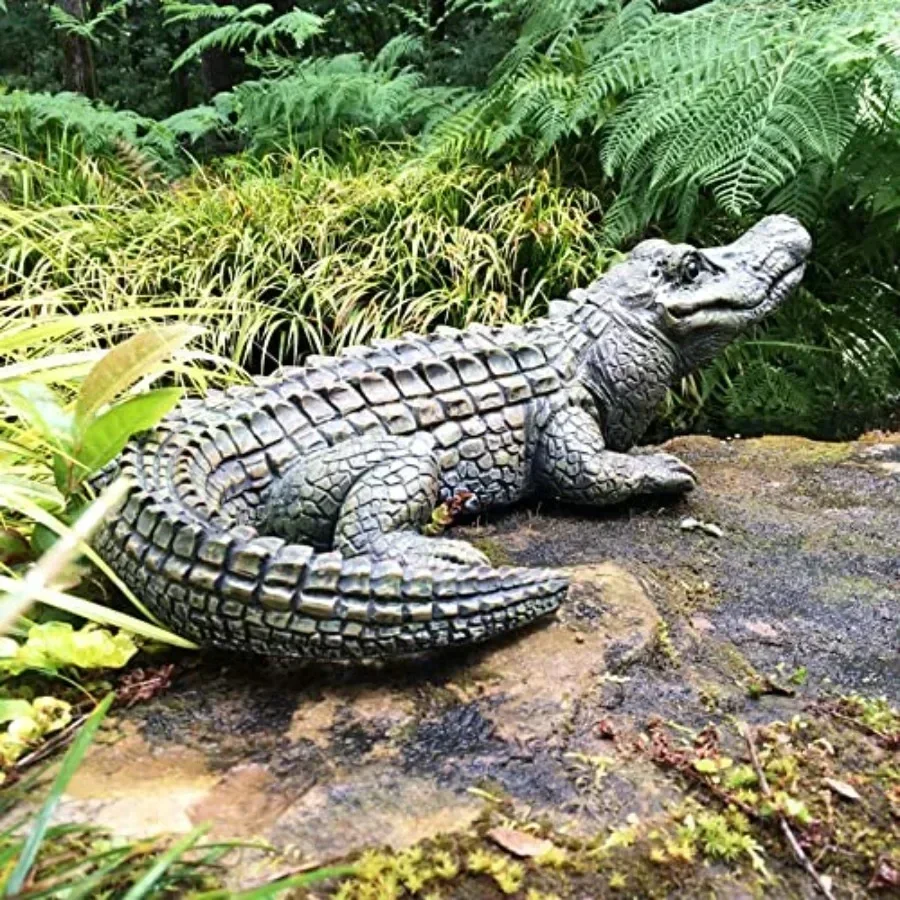 Beach Garden Pool Decoration: Realistic Lying Alligator Statue, 20 in., PVC Material, Green Color, Weather-resistant and Lifeli