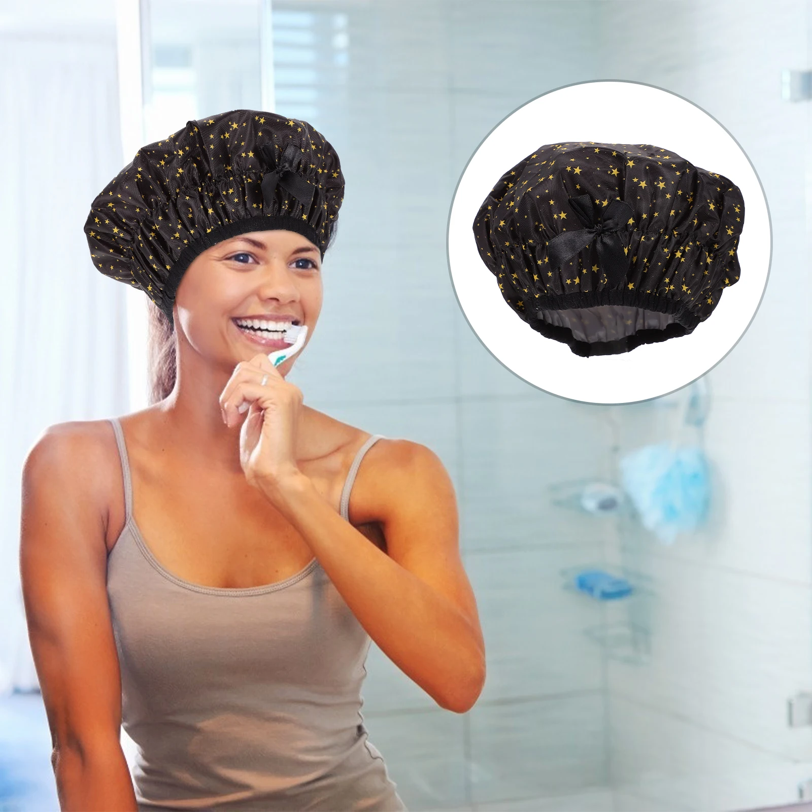 

Waterproof Shower Hat Double Layers Elastic Hair Bonnet Reusable Bathing Cap Women Sleep Makeup Head Cover Durable Long Lasting