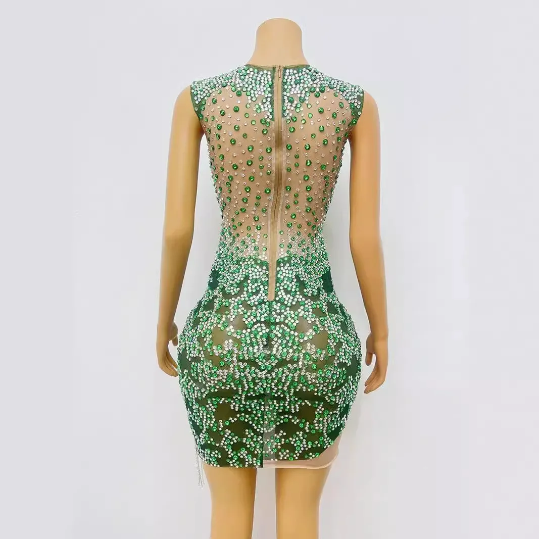 Rhinestone bead chain skirt slim mesh dress cocktail party evening dress performance dress short skirt deep forest