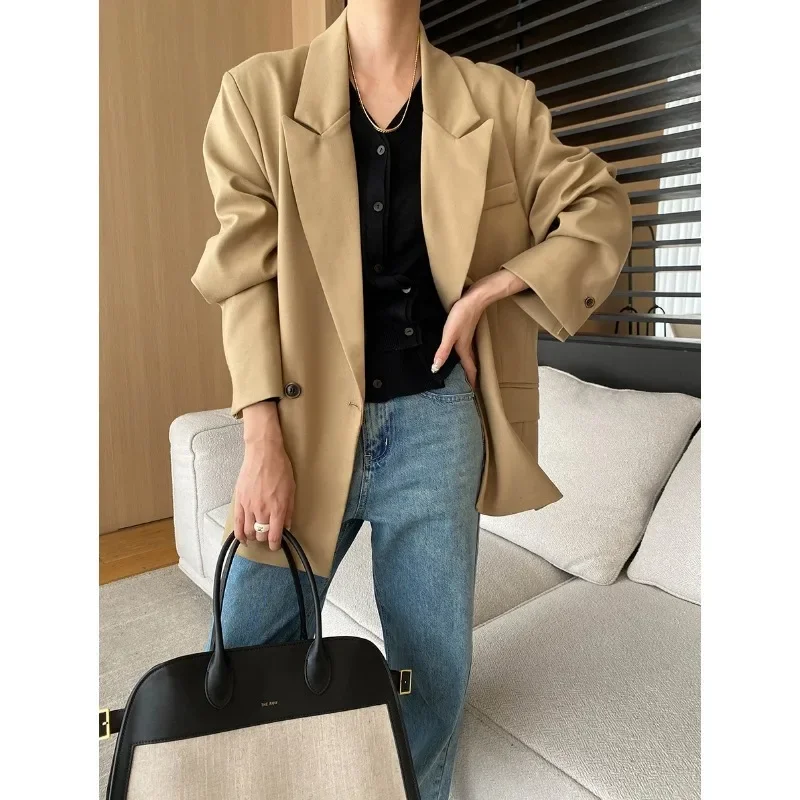 

Women French Khaki Suit Jacket 2024 Autumn Casual Loose Basic Vintage Wine Korea Chic Office Lady Long Sleeve Suit Female