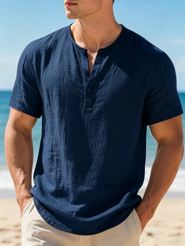 Men's Lightweight Cotton Linen Henley T Shirt