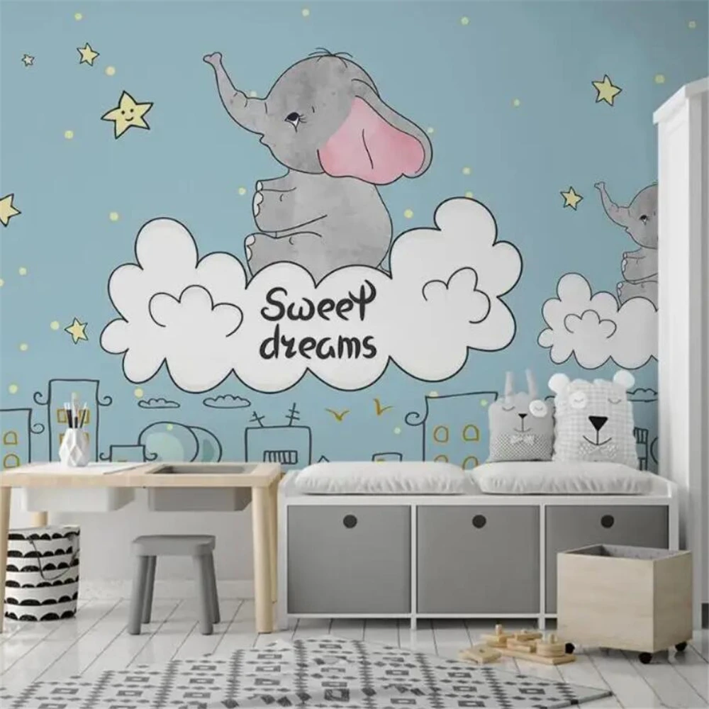 custom 3D Cartoon fantasy white clouds stars wall paper baby elephant photo mural wallpaper children room background 3D stickers