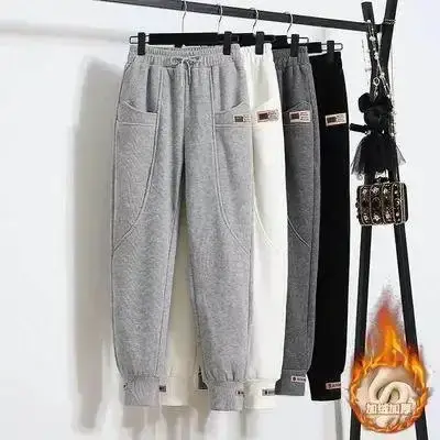 Grey Fleece Lined Harajuku Style Women's Sports Pants Autumn Winter Loose Casual Trousers Fashion Trendy Cuffed Long Trousers