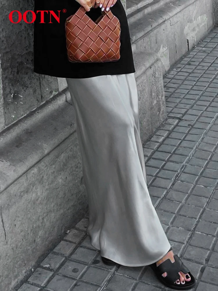 OOTN Elegant Satin Gray High Waist Skirts Autumn Ankle-Length Trumpet Skirts Female Fashion Office Zipper Long Skirt Women 2023