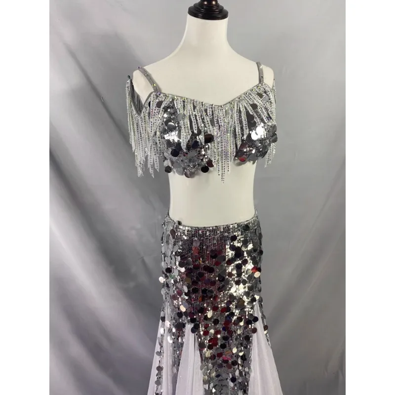 맞춤형 밸리 댄스 의상 화이트 다이아몬드 드레스 공연 의상 오리엔탈 댄스 키즈 성인 술 스팽글 브래지어와 롱 스커트