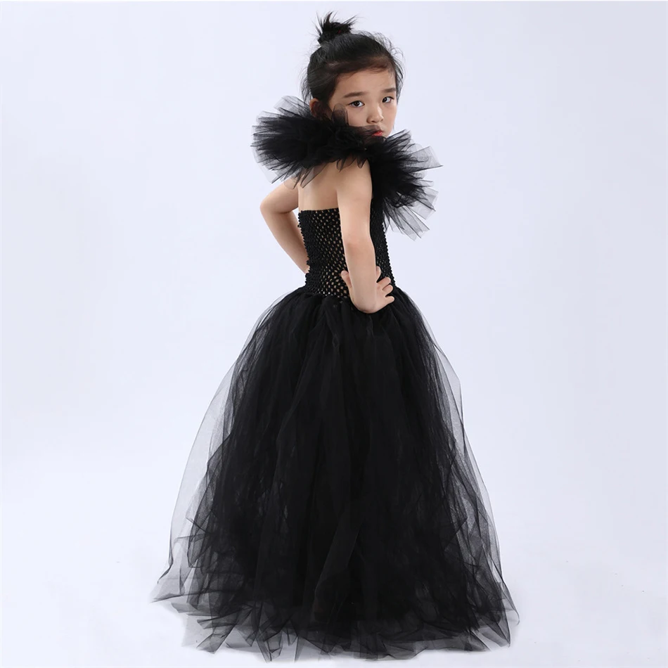 Schwarzes Hexen-Prinzessinnenkleid für Kinder, Tüll-Tutu mit Rüschen, Böse-Königin-Cosplay-Kostüm, Maleficent-Halloween-Geburtstagskleid für Mädchen – Detail 11