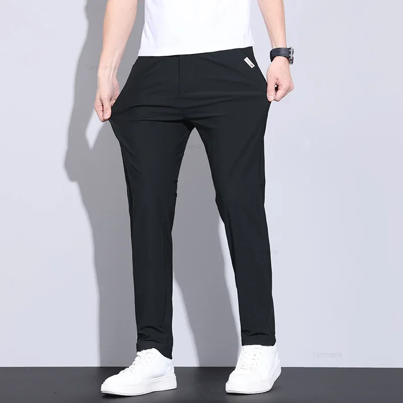 Summer Thin Men\'s Ice Silk Casual Pants High Elasticity Soft Cosy Business Straight Trousers High Quality Man Clothing Khaki