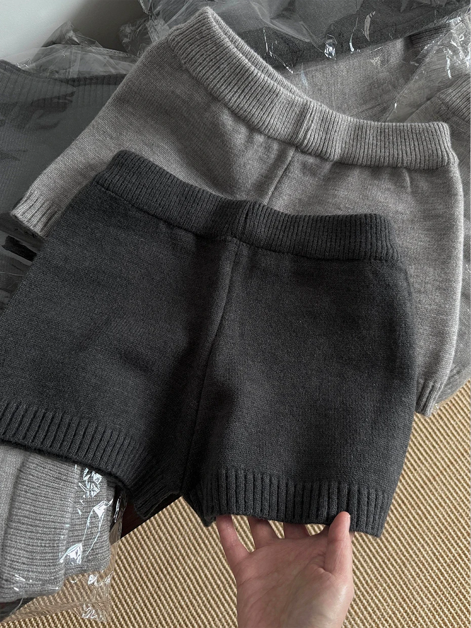 

High Waist Knitted Short Pants Women's Outerwear Booties Grey Autumn Winter Pure Color Straight Leg Pants Casual Trousers