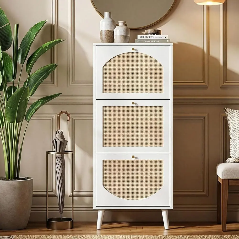 

Rattan 3-Tier Shoe Storage Cabinet, Perfect for Entryway, Ideal for Heels, Slippers, Casual Shoes, White