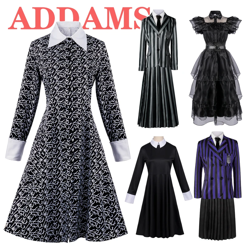 الأربعاء الموسم 2 كوس البدلة آدامز فاميلي فستان طباعة تنورة فستان الرقص تأثيري حلي بدلة الأطفال