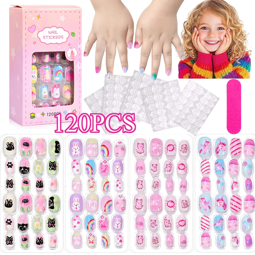 New Girl 120Pcs Kids Cartoon press on nails Cute Animal Flower Design Child Acrylic False Nail Tips Short Square Fake Nails+Tool