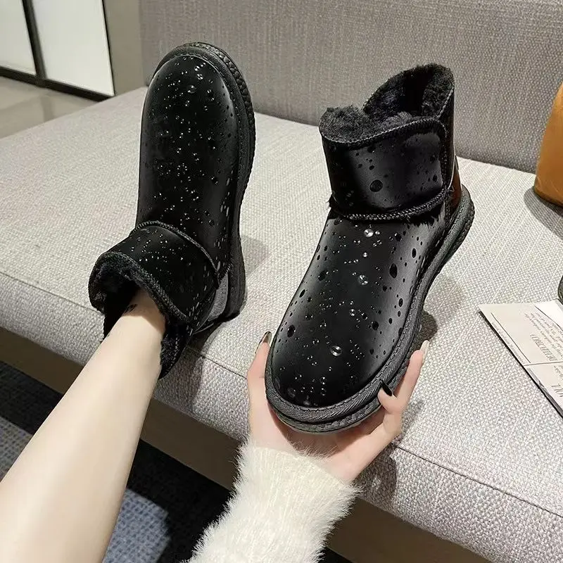 Ladies Shoes Elegant with Low Heels Fur Women's Snow Boots Black Leather Lamb on Promotion Fashion Furry 2024 Work No Slipery 39