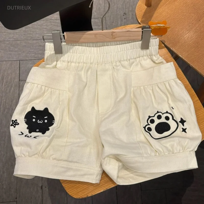 Japanese Cartoon Embroidery Shorts For Women Elastic Waist Casual Loose Pumpkin Pants 2026 Summer Y2k Aesthetic Pocket Trousers