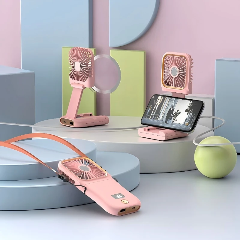 مروحة مكتب مدمجة قابلة لإعادة الشحن عبر USB مع 180 °   رأس قابل للتعديل، إعدادات 3 سرعات، بطارية 3000 مللي أمبير، شاشة رقمية، مثالية للمنزل