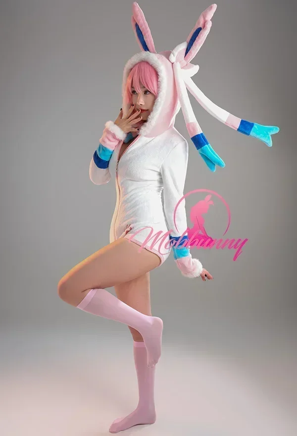 Mobbunny PM Derivative Sexy Fluffy Hooded Bodysuit Deep V Kawaii One Piece Romper with Choker and Socks Cosplay Costume