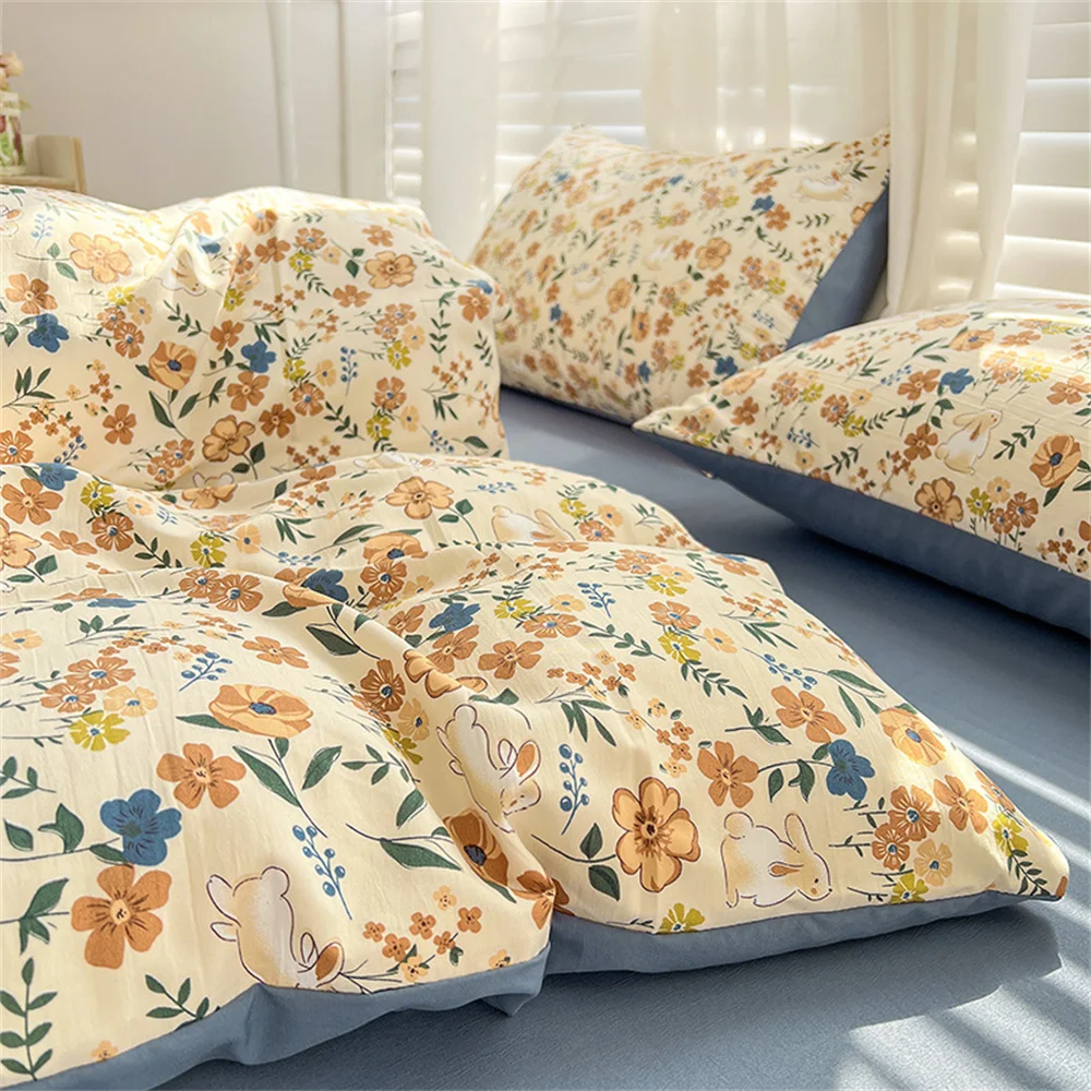 Imagem -04 - Conjunto de Quatro Peças de Cama para Adultos e Crianças Capa de Edredão Simples Lençol de Flores Lavado Fronha de Algodão Têxteis-lar