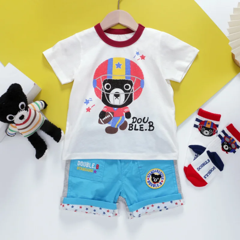 2025 New Cute Cotton Children's Clothing Baby Summer New Handsome Cartoon Cute Explosive Head Black Bear Short Sleeve T-shirt