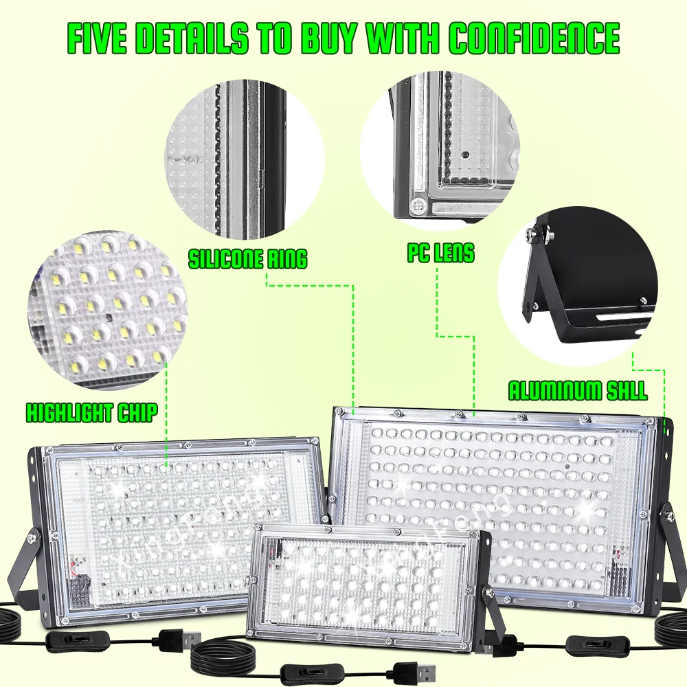 50/96/144 LED Flood Light 5V USB, White Light 6000K, USB Plug, Plug and Play, with 59.06 Inch Power Cord and Switch, Indoor Ligh
