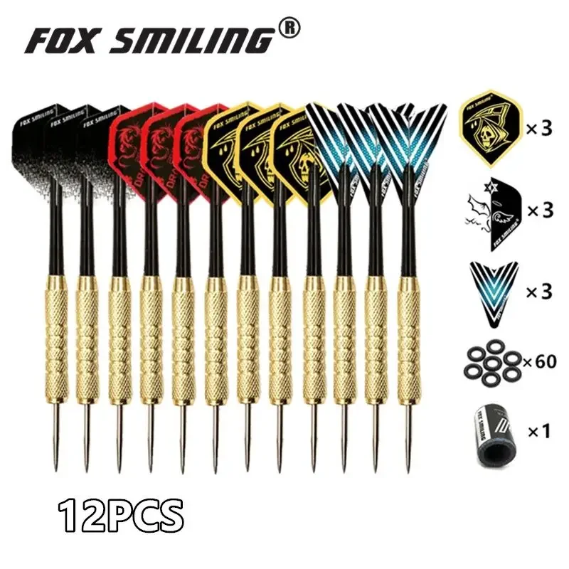 Conjunto de dardos com ponta de aço Fox Smiling profissional 12 peças 18/22/23g com eixo de nylon de alumínio, 9 voos e 1 peça de apontador