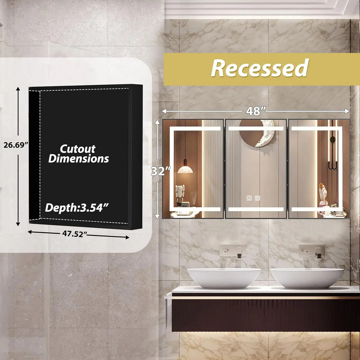 48X32 Inch Black Bathroom Medicine Cabinet with Mirror Recessed or Surface Lighted Medicine Cabinet with 3 Colors Temperature