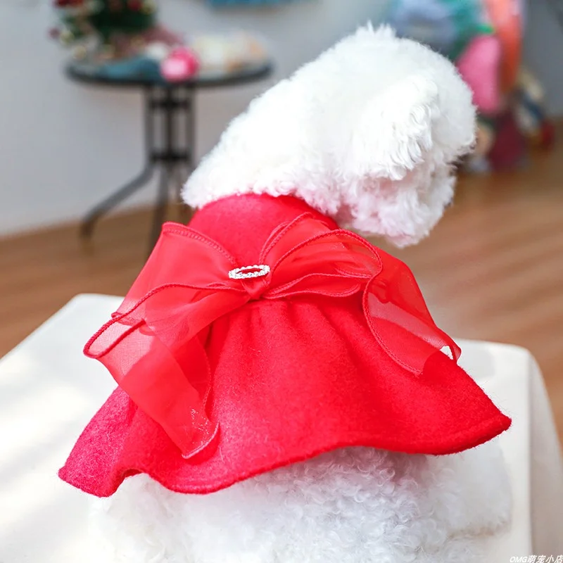 1PC pet clothing autumn and winter thickened new year red diamond bow princess skirt suitable for small and medium-sized dogs