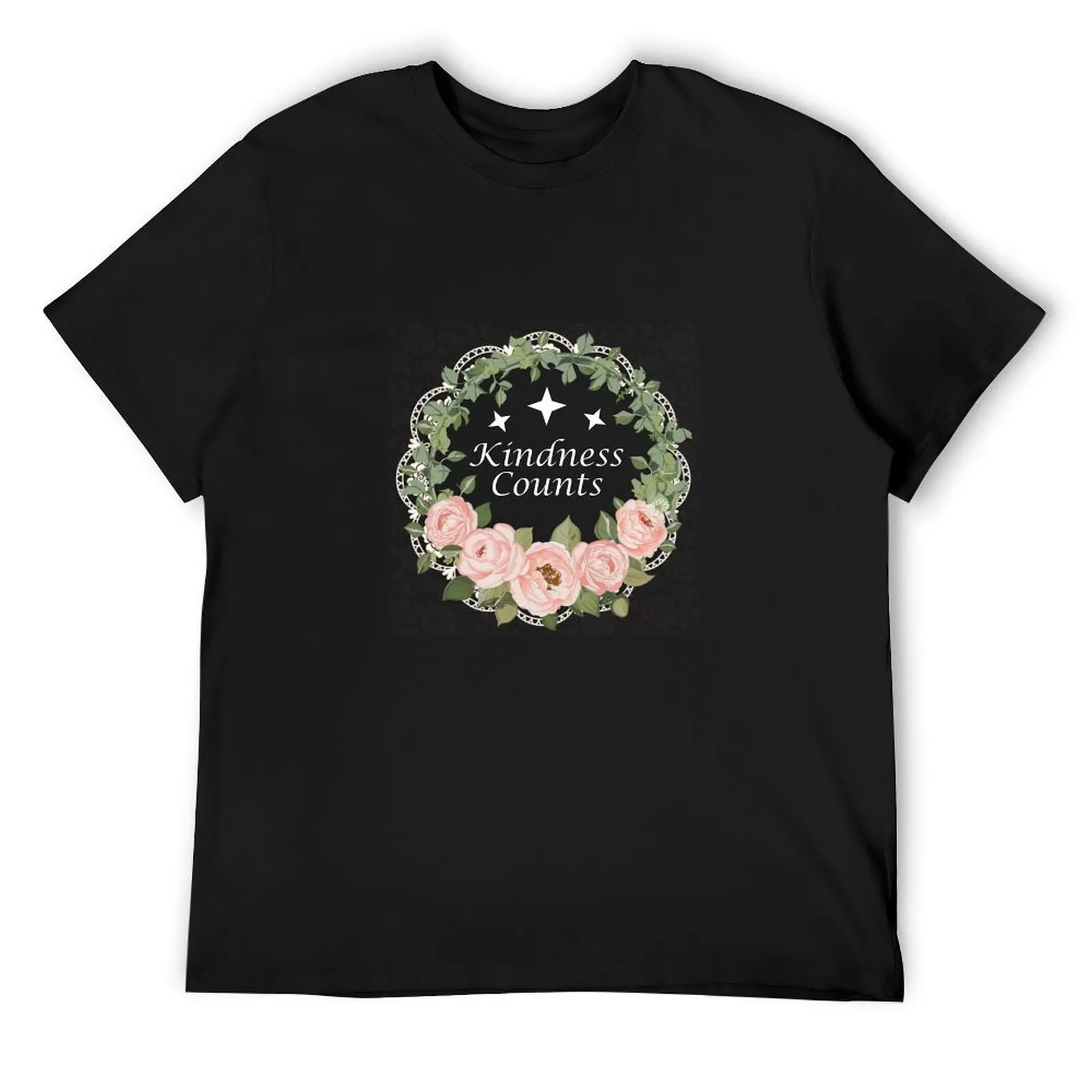 

Pink Roses, Green Leaves and Lace Wreath with Inspirational Saying - Shirt Says: Kindness Counts. T-Shirt