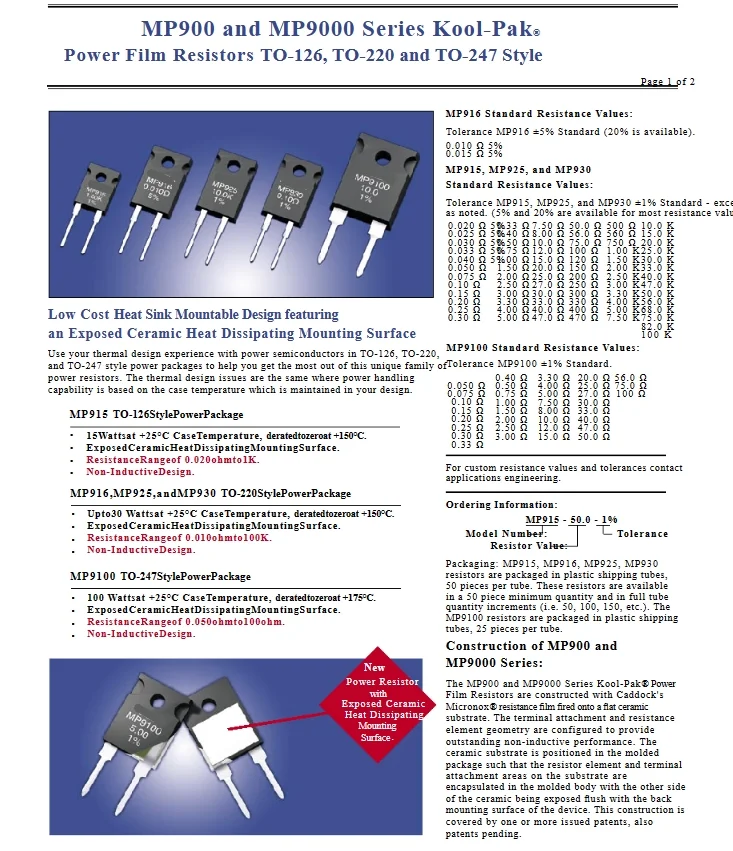 MP930 15 OHM 30W 1% Thick Film Resistors MP930-15.0-1% Through Hole MP930 15.0 ohms 30 watts Power Film Resistors