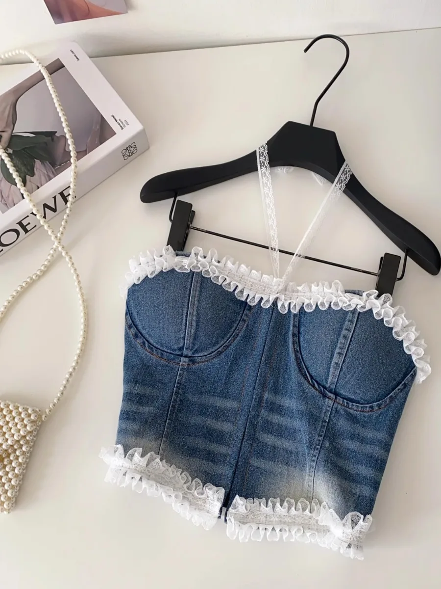 Foamlina Corsetto a fascia in denim effetto consumato con volant alla moda Top da donna europeo Hot Girl Slim Fit Street Style Petite Vest Bra