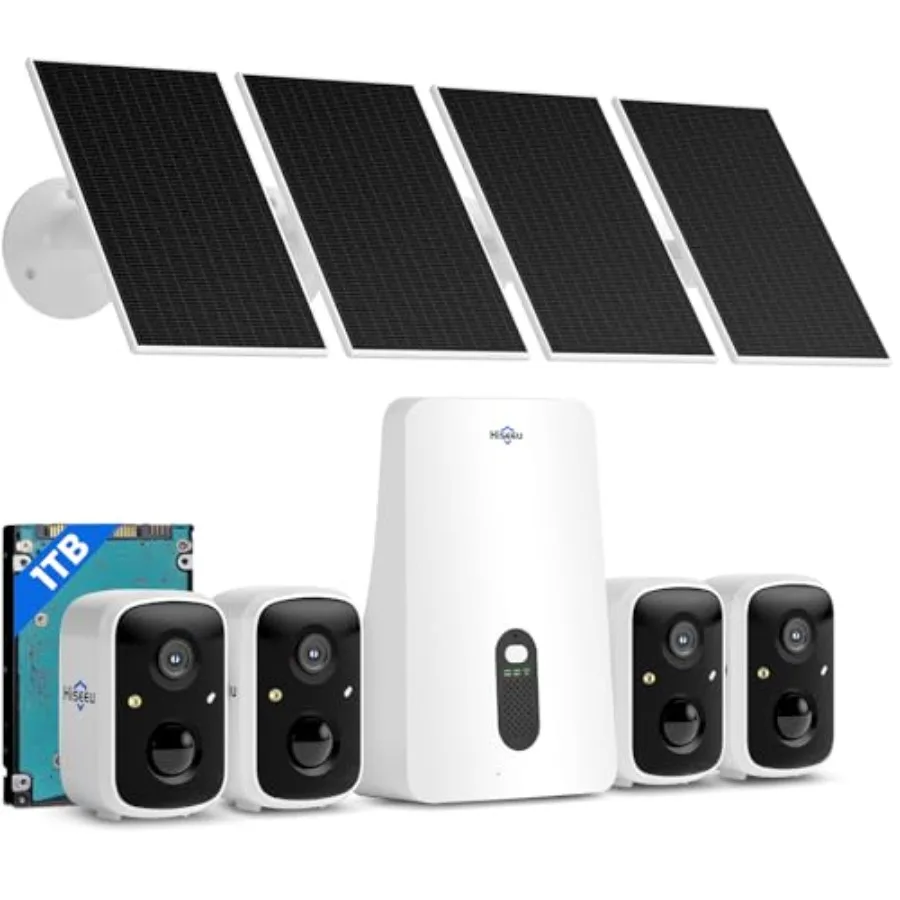 

Outdoor wireless solar camera system for home security, aluminum alloy body, black, 2K color night vision with PIR/AI detection