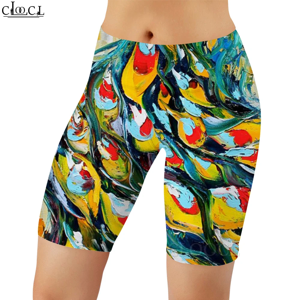 CLOOCL-mallas con estampado 3D degradado de plumas de pavo real para mujer, pantalones cortos ajustados sexys para gimnasio, entrenamiento y trotar