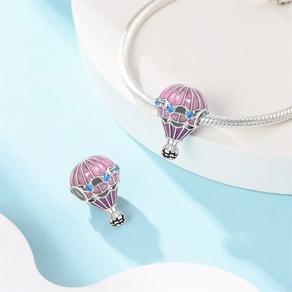 

Cute Charms Silver 925 Pink Series Cute Elf Robot Luggage Hot Air Balloon Beaded Pendant Fit Original Bracelet Fine DIY Jewelry