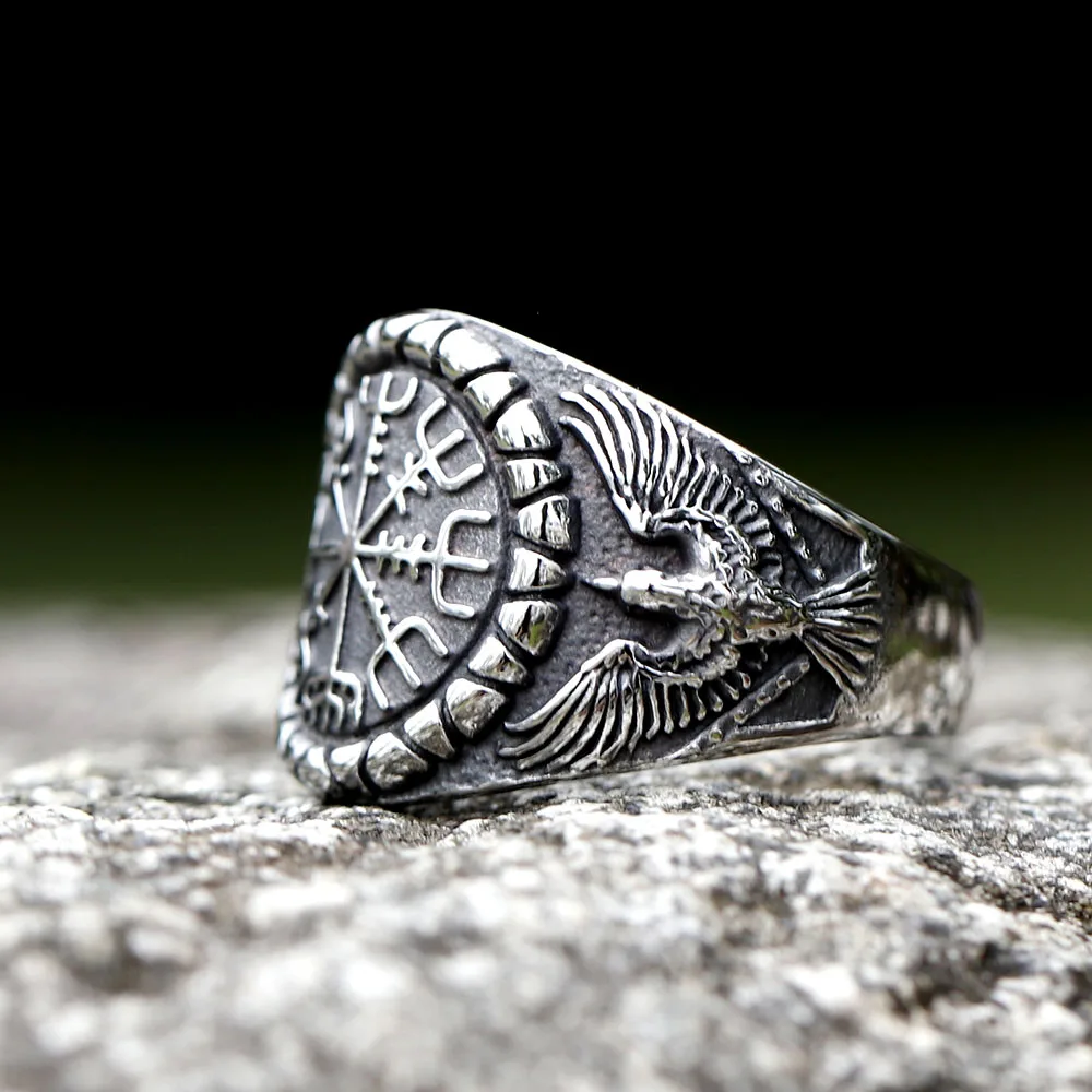 New Fashion 316L Stainless Steel Unique Viking Compass With Eagle Ring For Man Women Biker Jewelry for gift free shipping