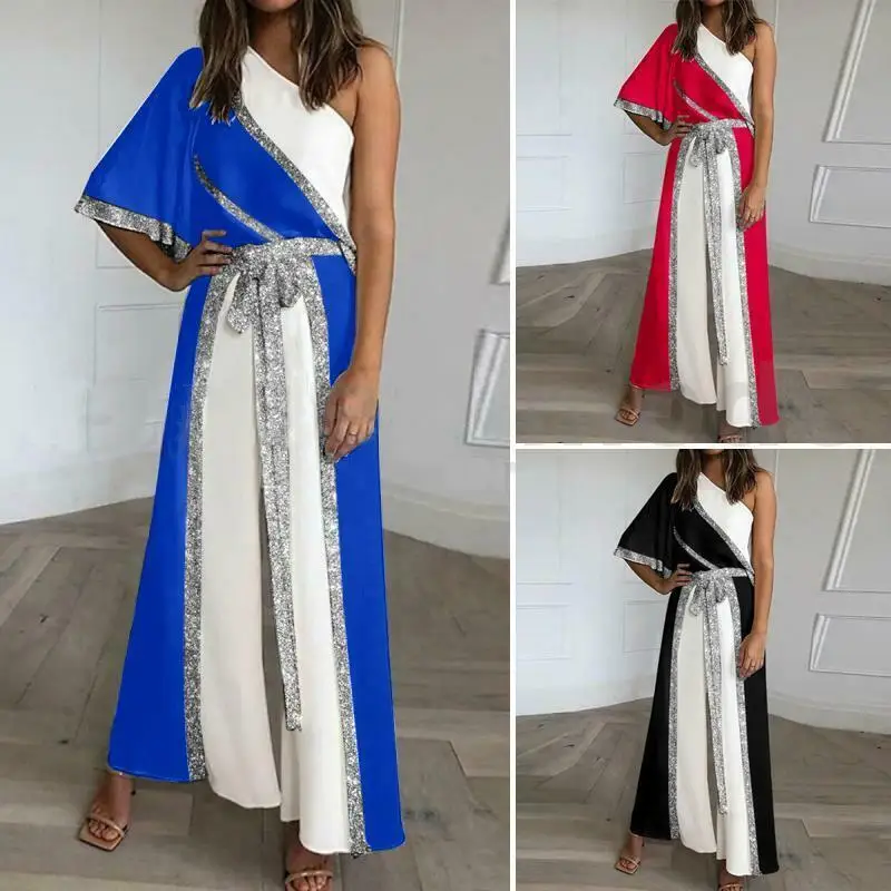 レディース-カラーカラー-ワイドレッグジャンプスーツ-スラントパンツ-ホームウェア-カジュアル-おしゃれ-レディース-オールインワンスーツ