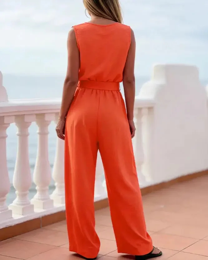

2026 Spring/summer New Sleeveless Button Up Front Elastic Waist Workwear Casual Wide Leg Jumpsuit with Waistband