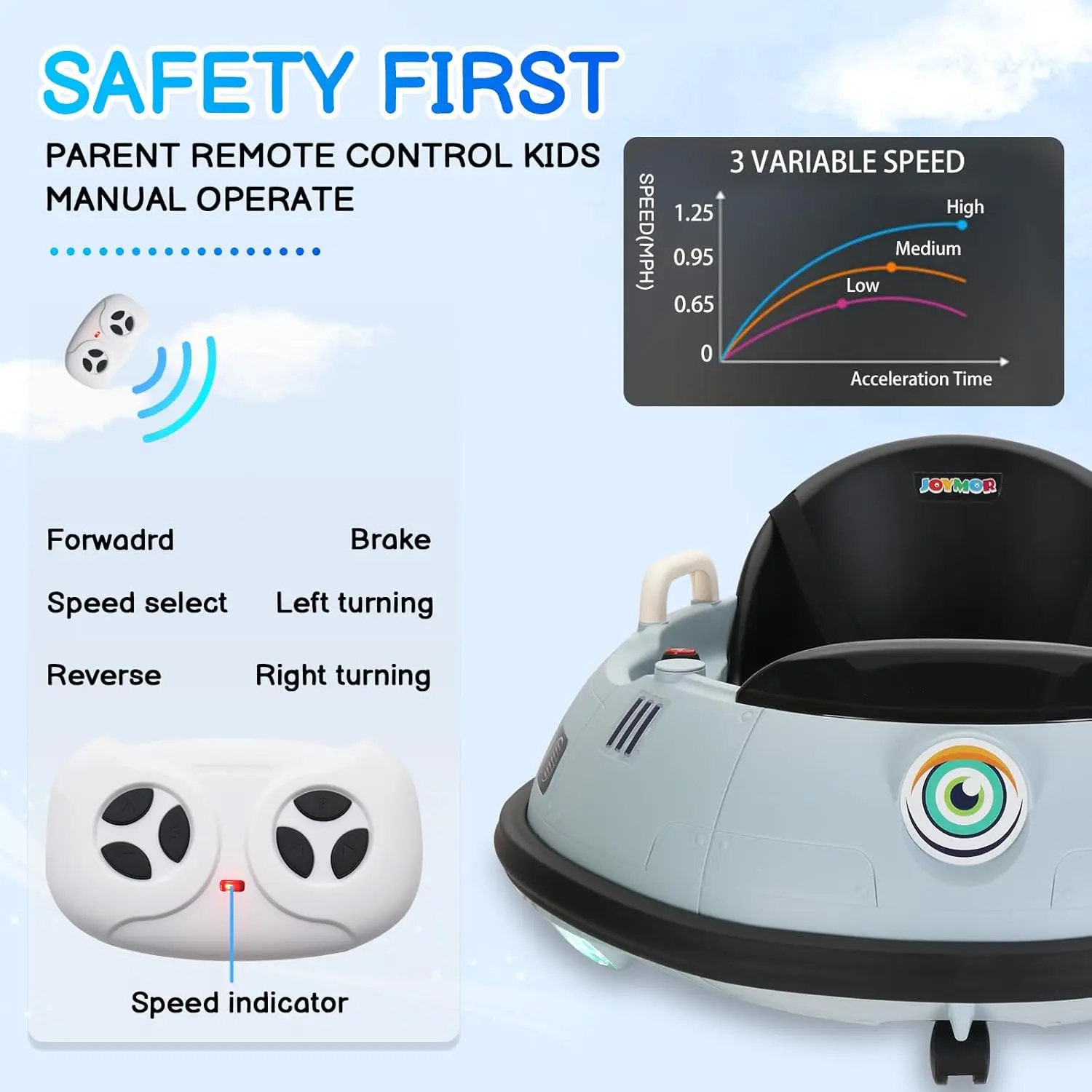 어린이 및 유아용 전기 범퍼카, UFO 범핑 장난감 자동차 선물용 12V 탑승, 수동 및 원격 제어, LED 조명, 360도